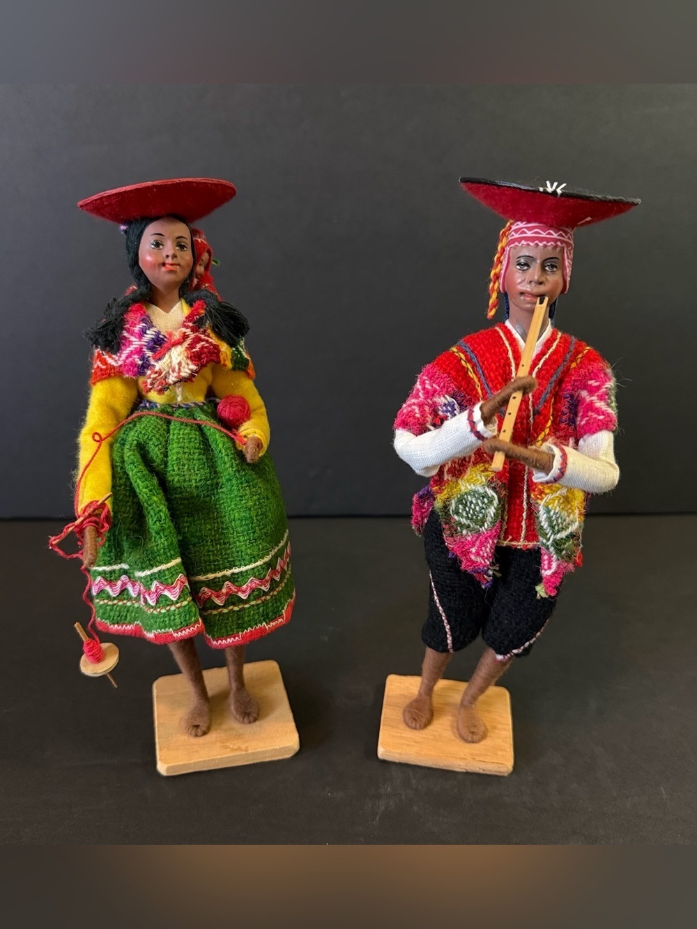Peruvian Folk Art Dolls Handmade Andean Figures Cholitos Cusco Flute Spindle